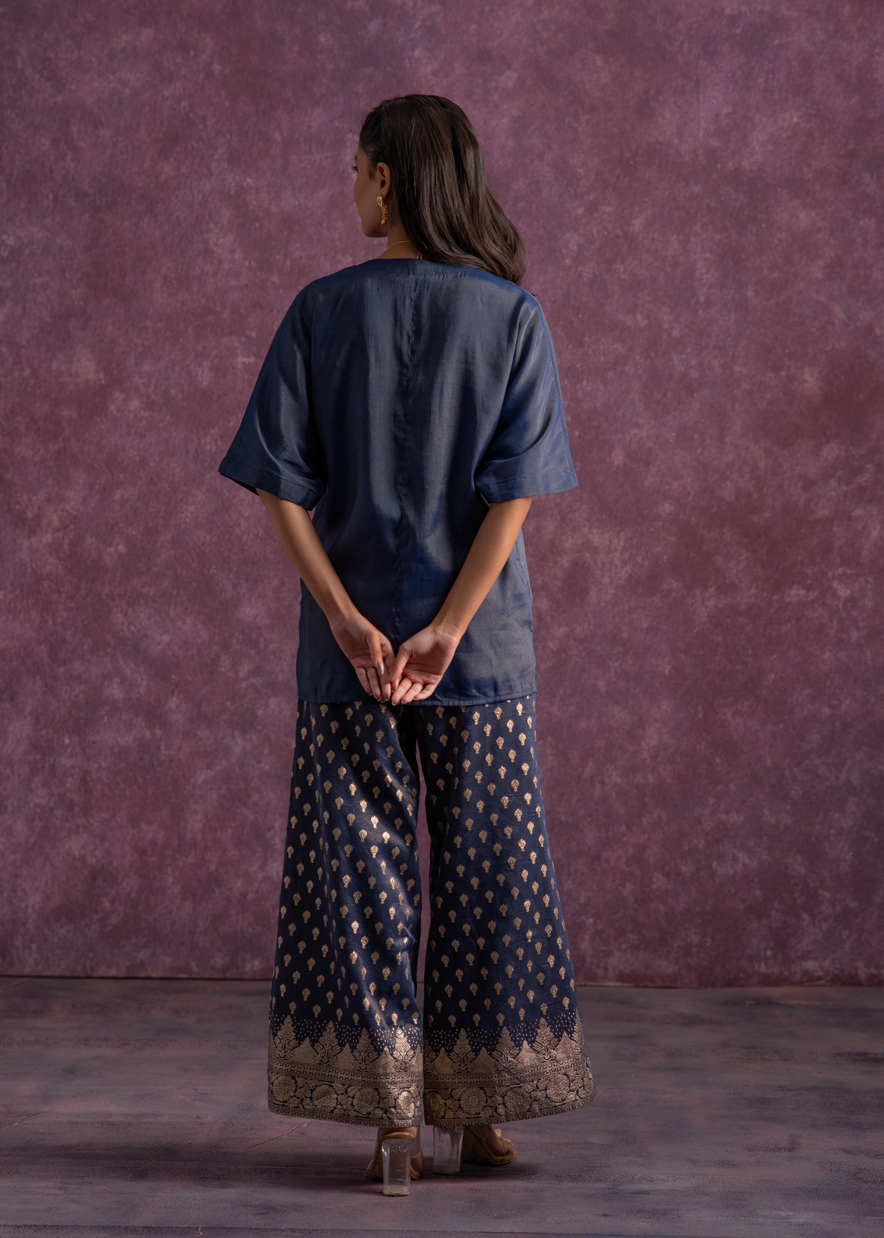 Juniper Indigo Viscose Solid A-Line Tunic With Pants Co-Ord Set With Zari & Sequence Work