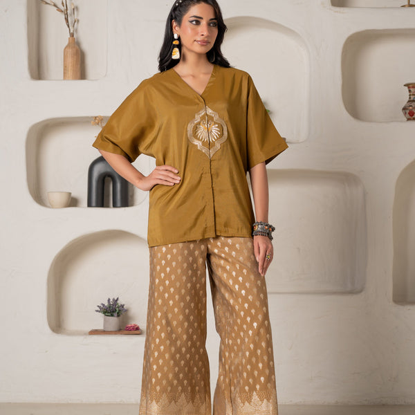 Juniper Mustard Viscose Solid A-Line Tunic With Pants Co-Ord Set With Zari & Sequence Work