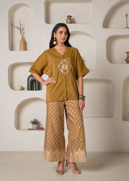 Juniper Mustard Viscose Solid A-Line Tunic With Pants Co-Ord Set With Zari & Sequence Work