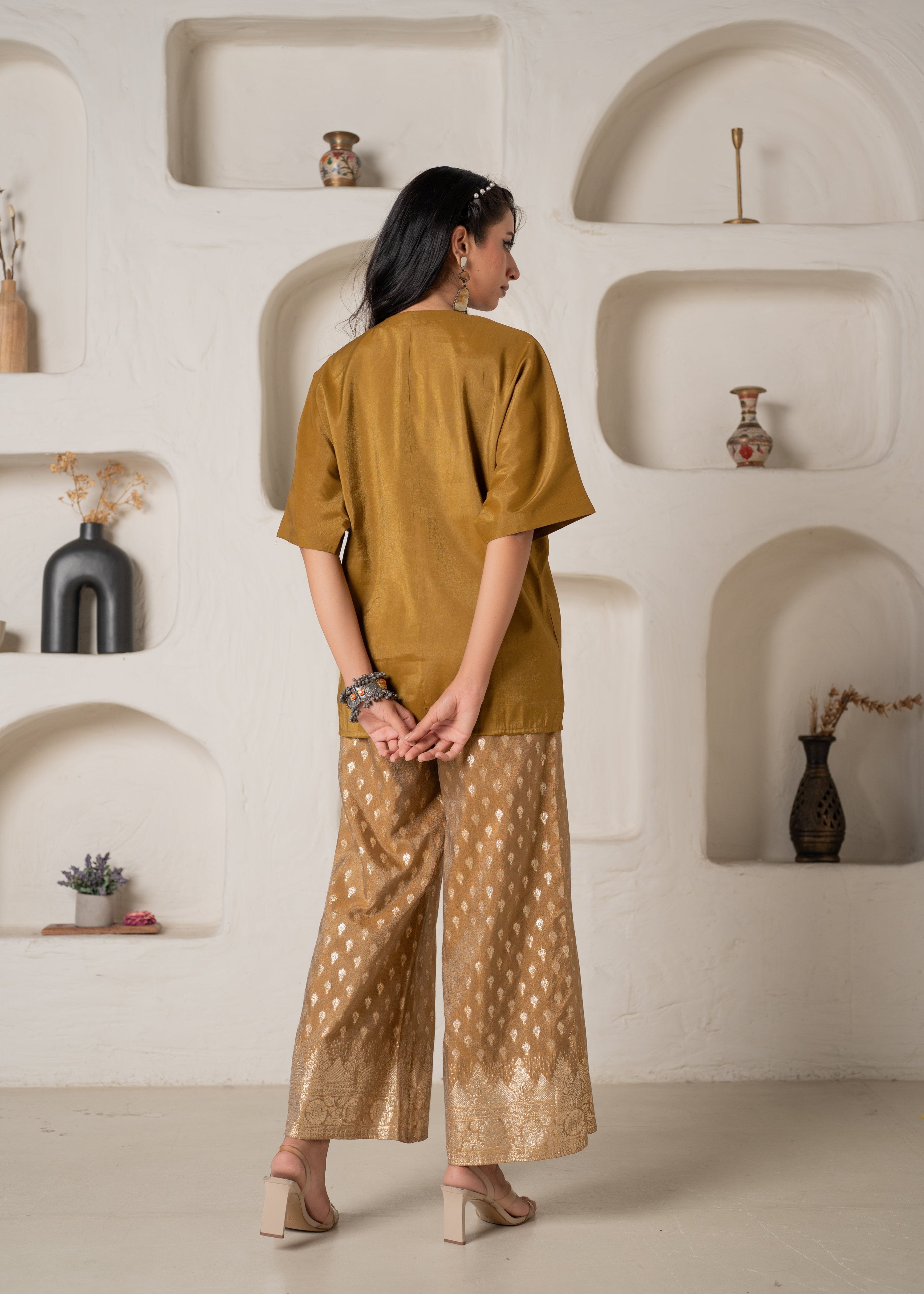 Juniper Mustard Viscose Solid A-Line Tunic With Pants Co-Ord Set With Zari & Sequence Work