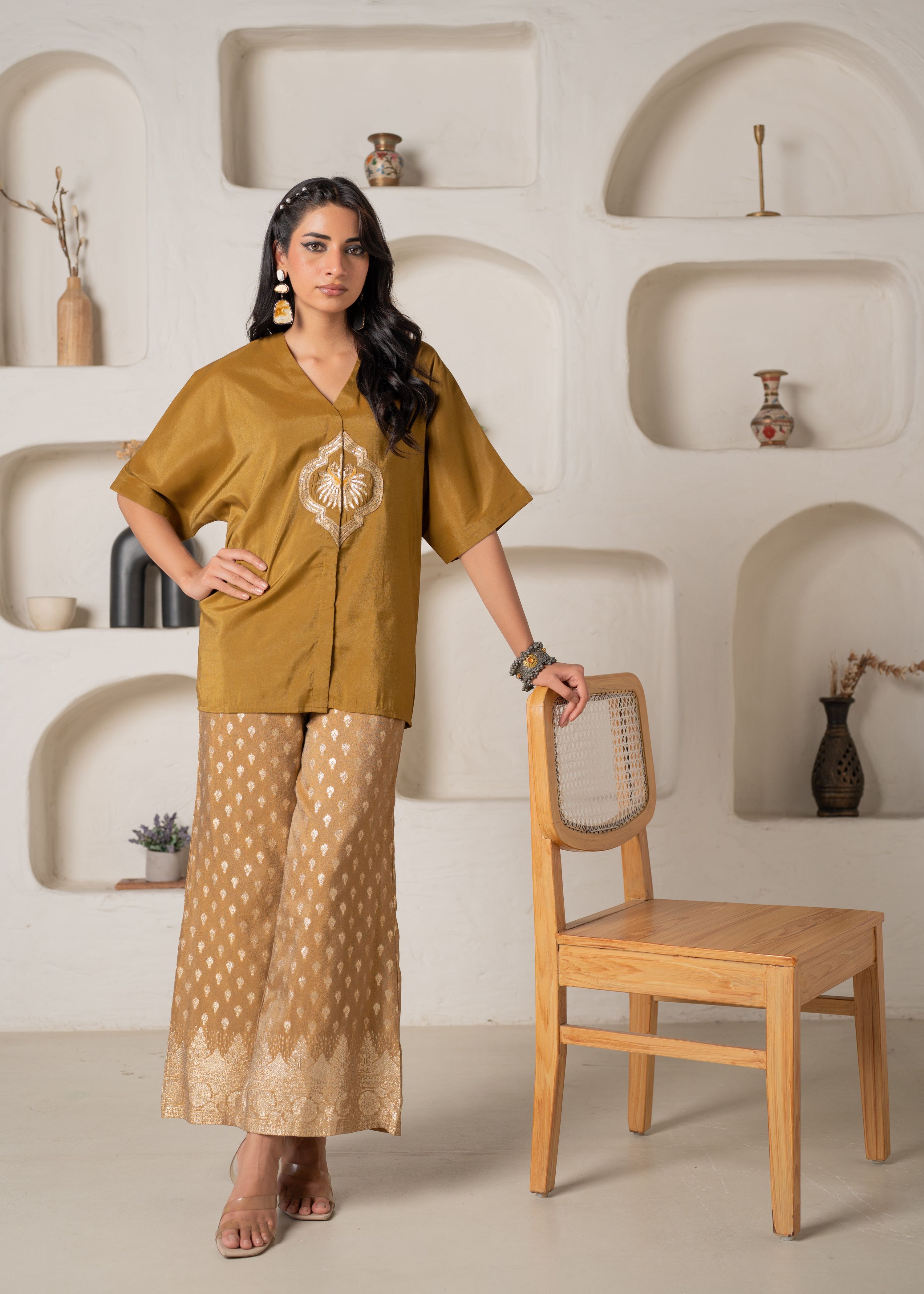 Juniper Mustard Viscose Solid A-Line Tunic With Pants Co-Ord Set With Zari & Sequence Work