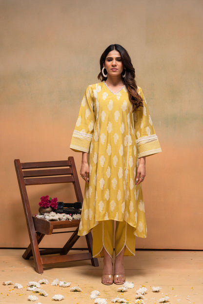 Juniper Viscose Yellow Embroidered Kurta Pant Co-Ordset With Thread Work & Lace - Distacart