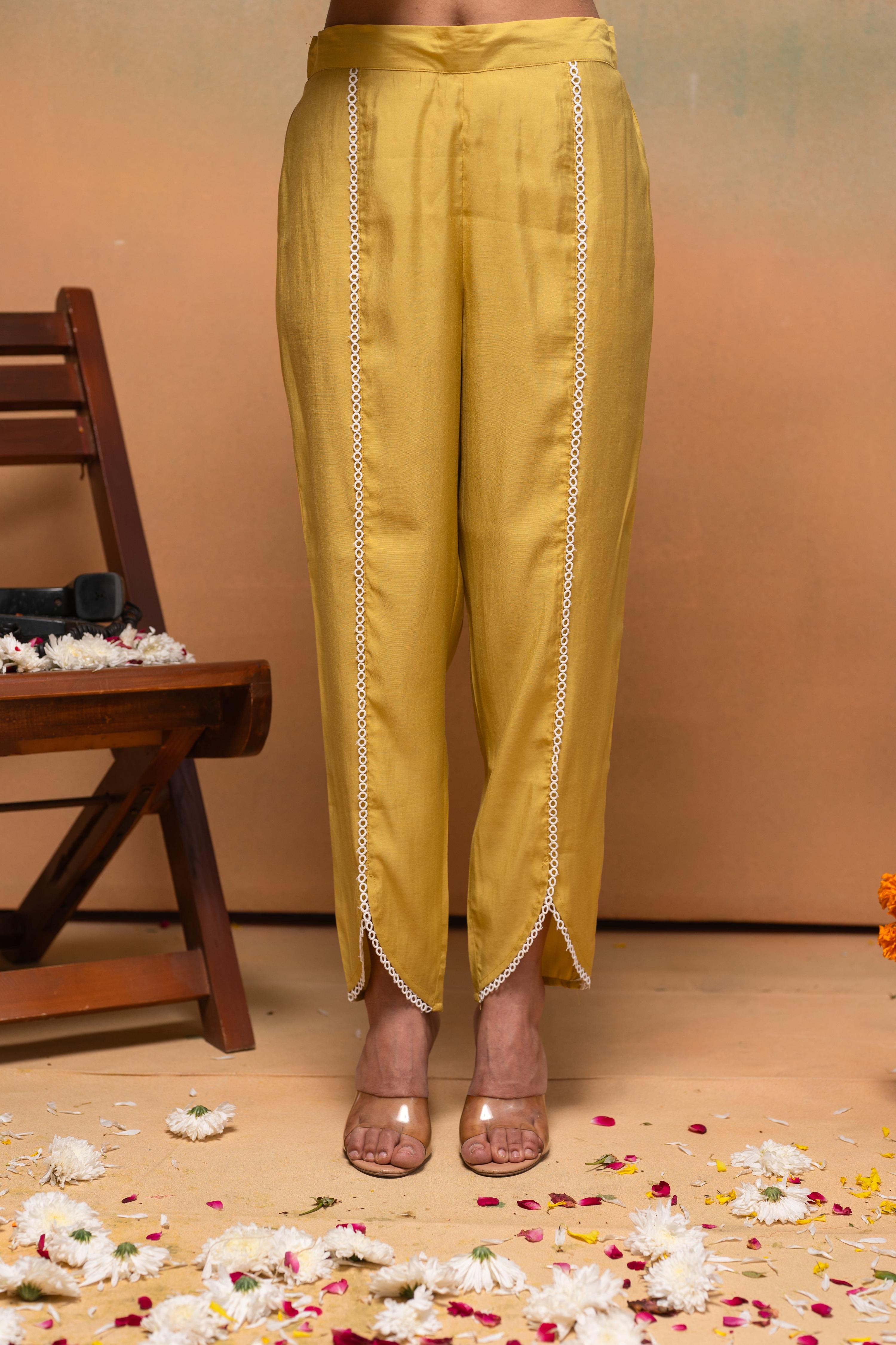 Juniper Viscose Yellow Embroidered Kurta Pant Co-Ordset With Thread Work & Lace