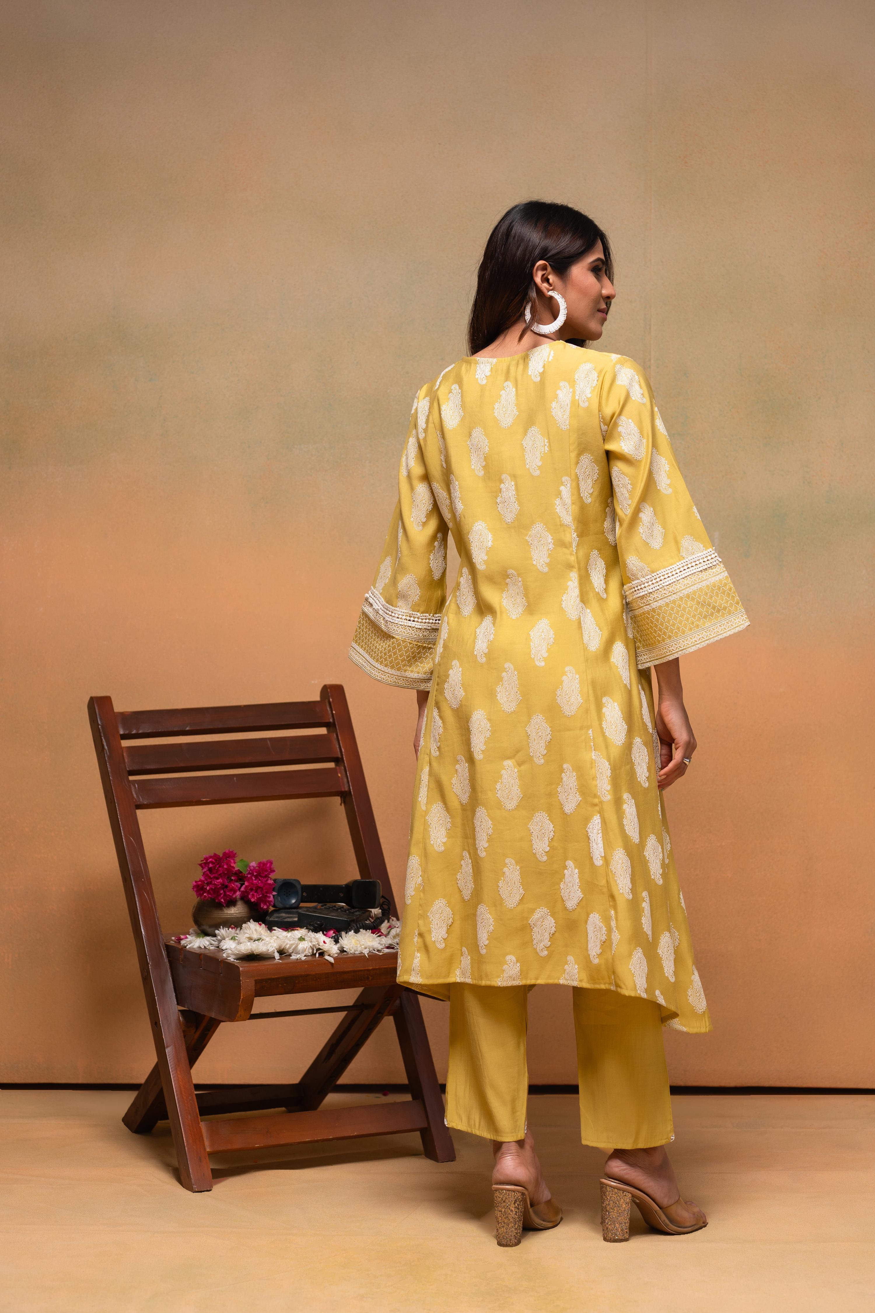 Juniper Viscose Yellow Embroidered Kurta Pant Co-Ordset With Thread Work & Lace