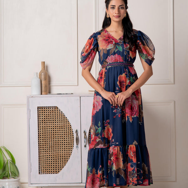 Juniper Navy Blue Floral Printed Fit & Flare Maxi Dress