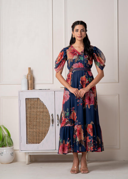 Juniper Navy Blue Floral Printed Fit & Flare Maxi Dress
