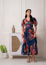 Thumbnail for Juniper Navy Blue Floral Printed Fit & Flare Maxi Dress