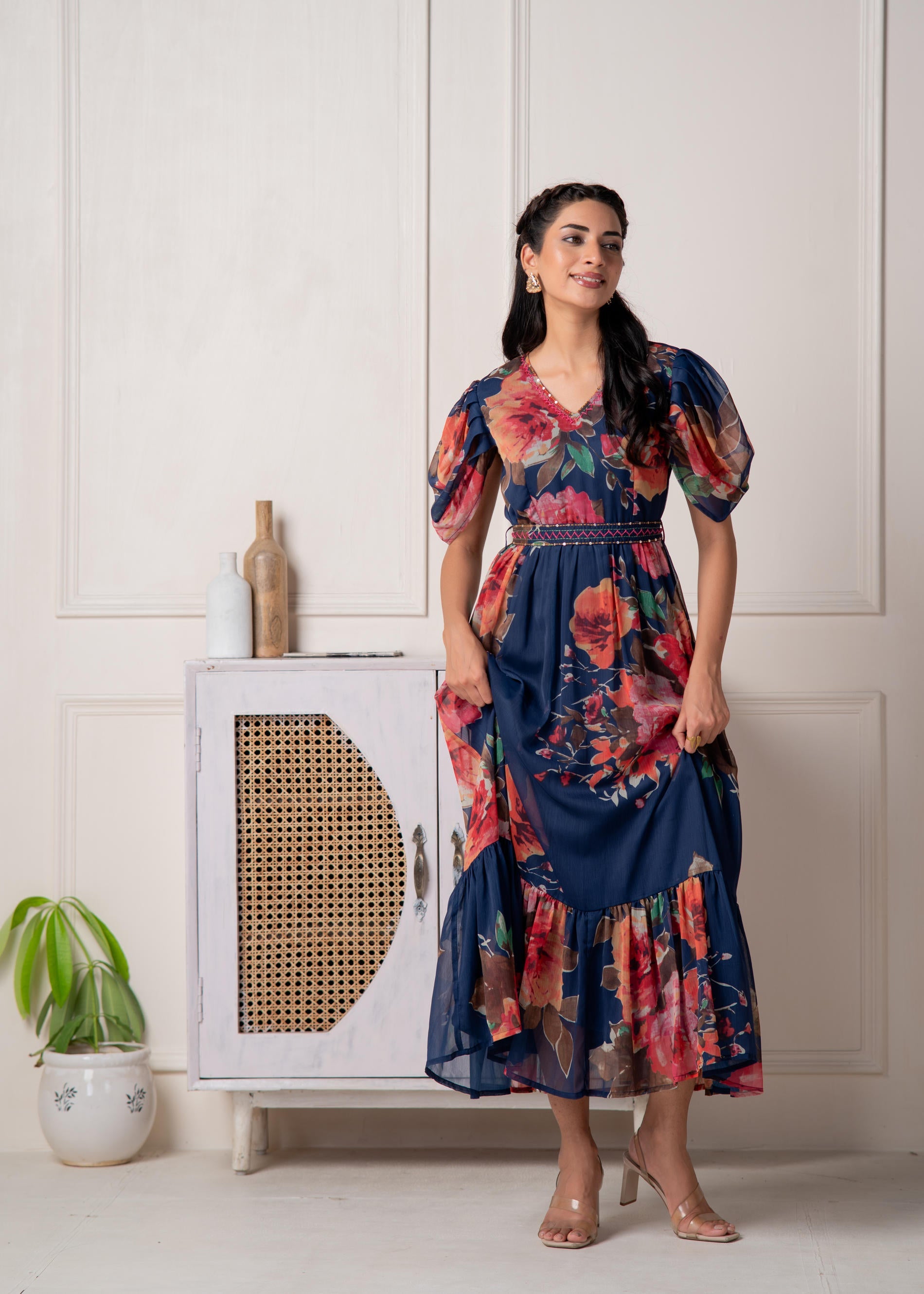 Juniper Navy Blue Floral Printed Fit & Flare Maxi Dress