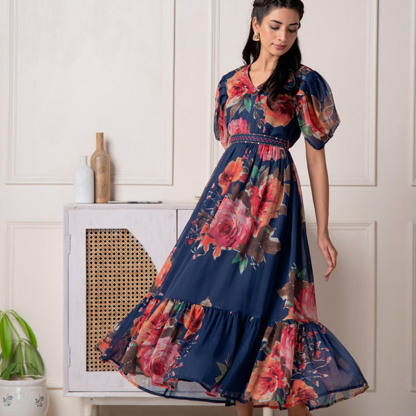 Juniper Navy Blue Floral Printed Fit & Flare Maxi Dress
