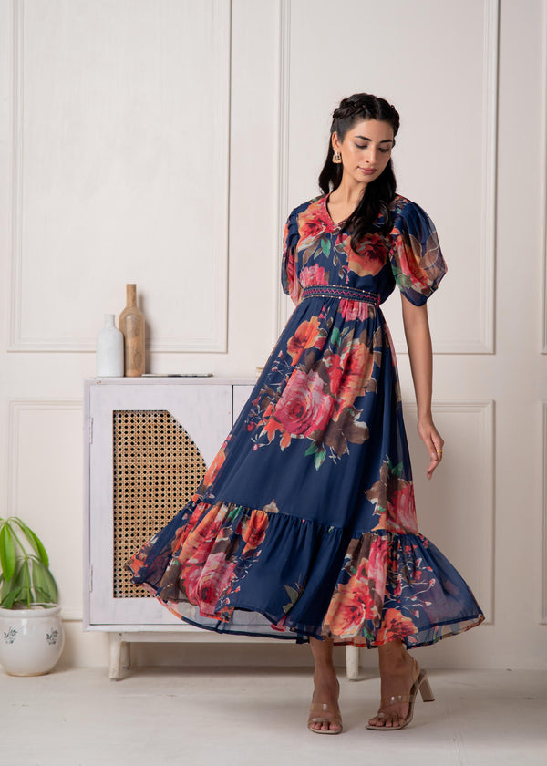 Juniper Navy Blue Floral Printed Fit & Flare Maxi Dress Juniper Navy Blue Floral Printed Fit & Flare Maxi Dress