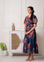 Thumbnail for Juniper Navy Blue Floral Printed Fit & Flare Maxi Dress