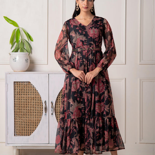 Juniper Floral Printed Black Dress With Sheer Sleeves & Beaded Waist Detailing - Distacart
