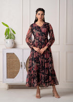 Thumbnail for Juniper Floral Printed Black Dress With Sheer Sleeves & Beaded Waist Detailing - Distacart