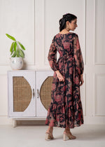 Thumbnail for Juniper Floral Printed Black Dress With Sheer Sleeves & Beaded Waist Detailing - Distacart