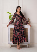 Thumbnail for Juniper Floral Printed Black Dress With Sheer Sleeves & Beaded Waist Detailing - Distacart