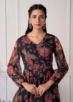 Thumbnail for Juniper Floral Printed Black Dress With Sheer Sleeves & Beaded Waist Detailing - Distacart