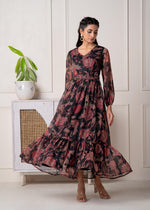 Thumbnail for Juniper Floral Printed Black Dress With Sheer Sleeves & Beaded Waist Detailing - Distacart