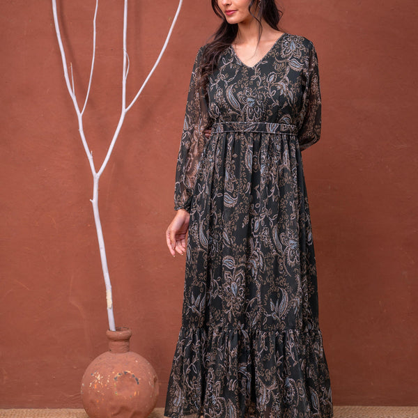 Juniper Floral Printed Dress With Sheer Sleeves & Beaded Waist Detailing