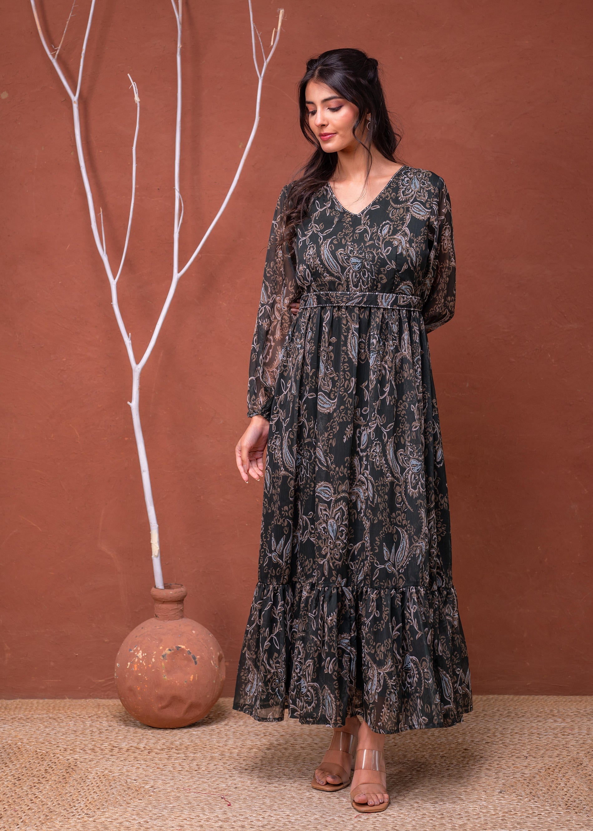 Juniper Floral Green Printed Dress With Sheer Sleeves & Beaded Waist Detailing - Distacart
