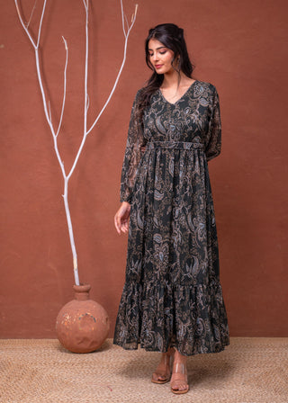 Juniper Floral Printed Dress With Sheer Sleeves & Beaded Waist Detailing