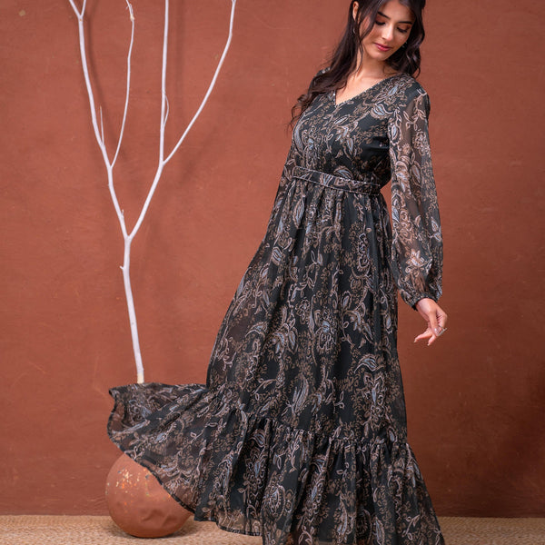 Juniper Floral Green Printed Dress With Sheer Sleeves & Beaded Waist Detailing - Distacart