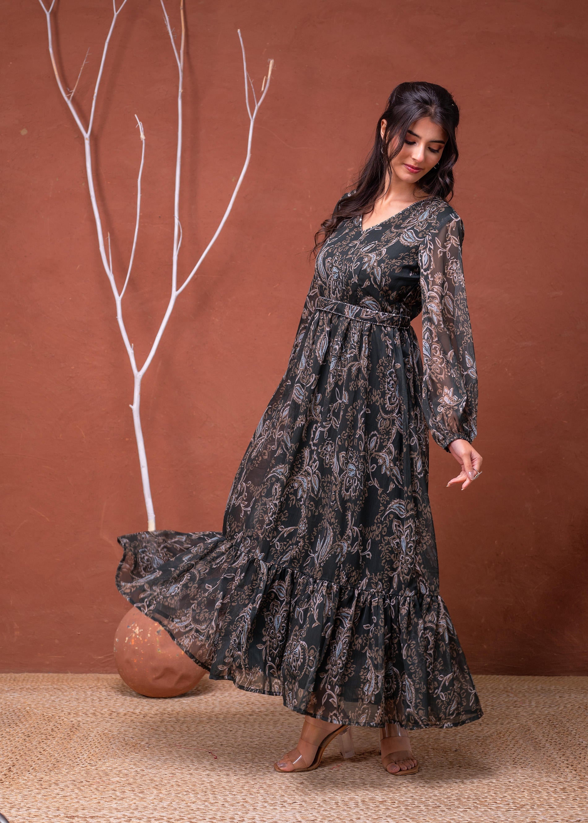 Juniper Floral Green Printed Dress With Sheer Sleeves & Beaded Waist Detailing - Distacart