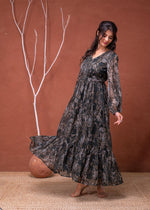 Thumbnail for Juniper Floral Green Printed Dress With Sheer Sleeves & Beaded Waist Detailing - Distacart