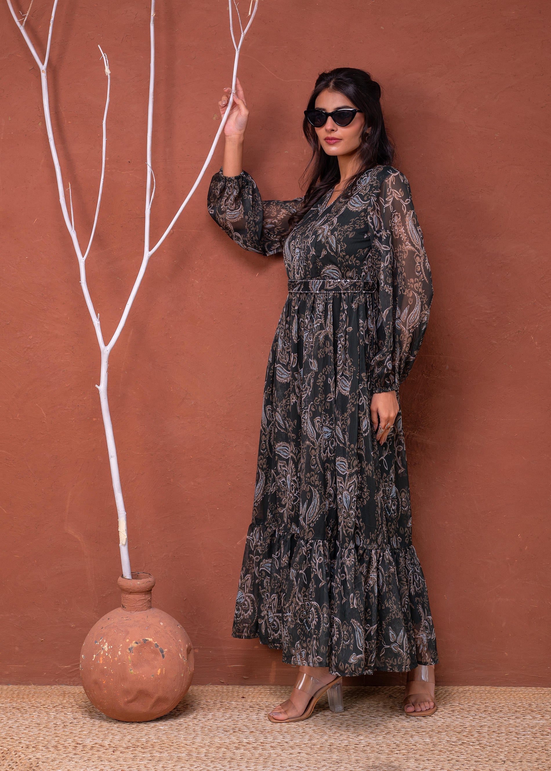 Juniper Floral Green Printed Dress With Sheer Sleeves & Beaded Waist Detailing - Distacart