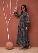 Thumbnail for Juniper Floral Green Printed Dress With Sheer Sleeves & Beaded Waist Detailing - Distacart