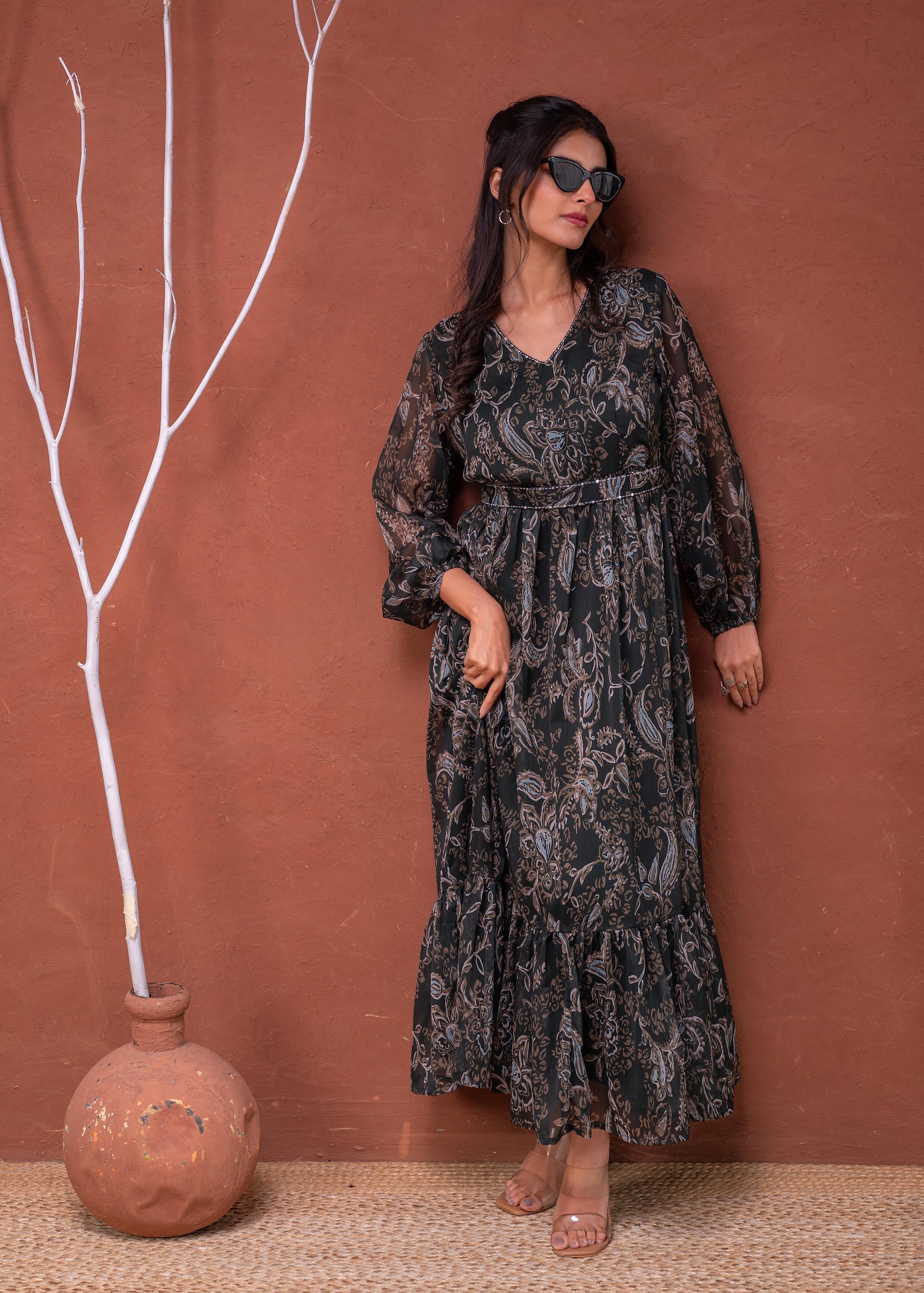 Juniper Floral Printed Dress With Sheer Sleeves & Beaded Waist Detailing