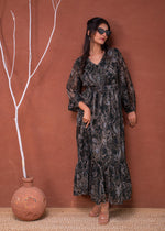 Thumbnail for Juniper Floral Green Printed Dress With Sheer Sleeves & Beaded Waist Detailing - Distacart