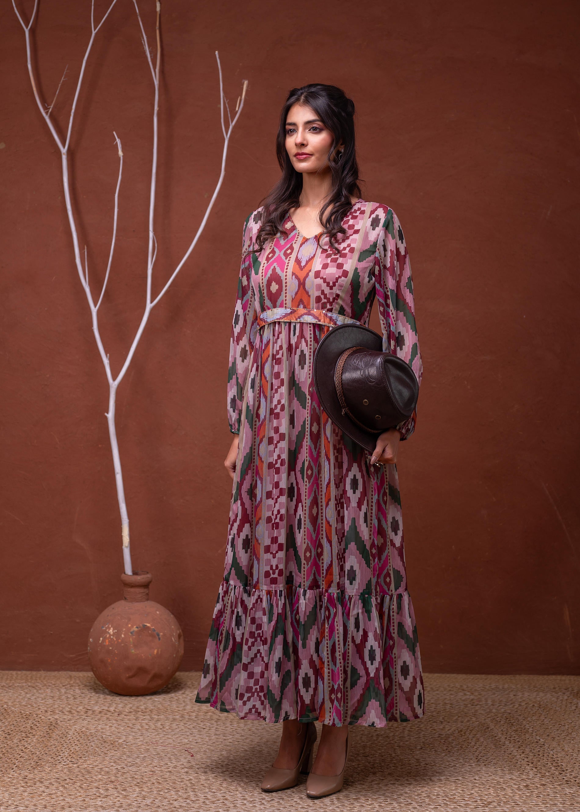 Juniper Floral Printed Pink Dress With Sheer Sleeves & Beaded Waist Detailing