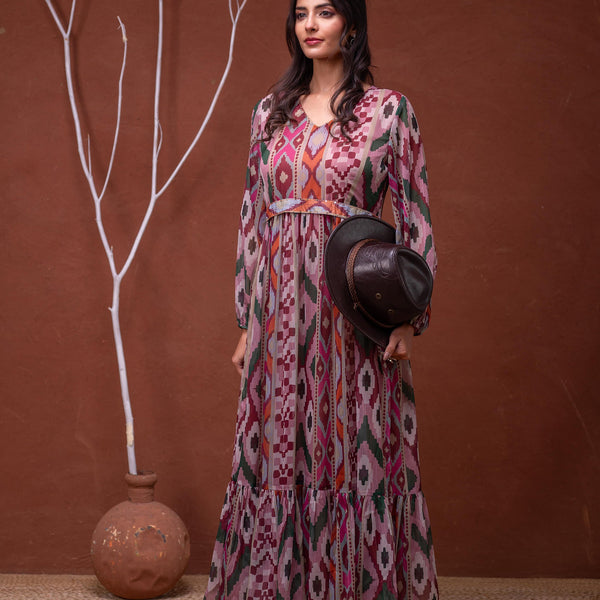 Juniper Floral Multi Printed Dress With Sheer Sleeves & Beaded Waist Detailing - Distacart