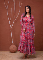 Thumbnail for Juniper Floral Printed Red Dress With Sheer Sleeves & Beaded Waist Detailing
