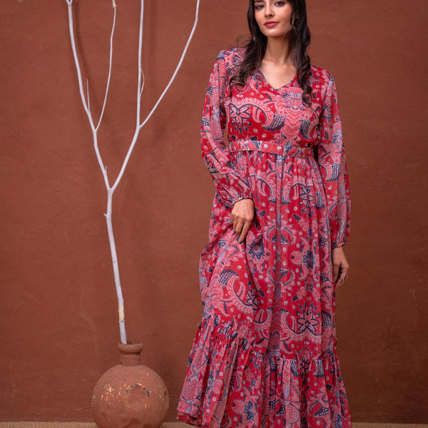 Juniper Floral Red Printed Dress With Sheer Sleeves & Beaded Waist Detailing - Distacart