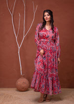 Thumbnail for Juniper Floral Red Printed Dress With Sheer Sleeves & Beaded Waist Detailing - Distacart