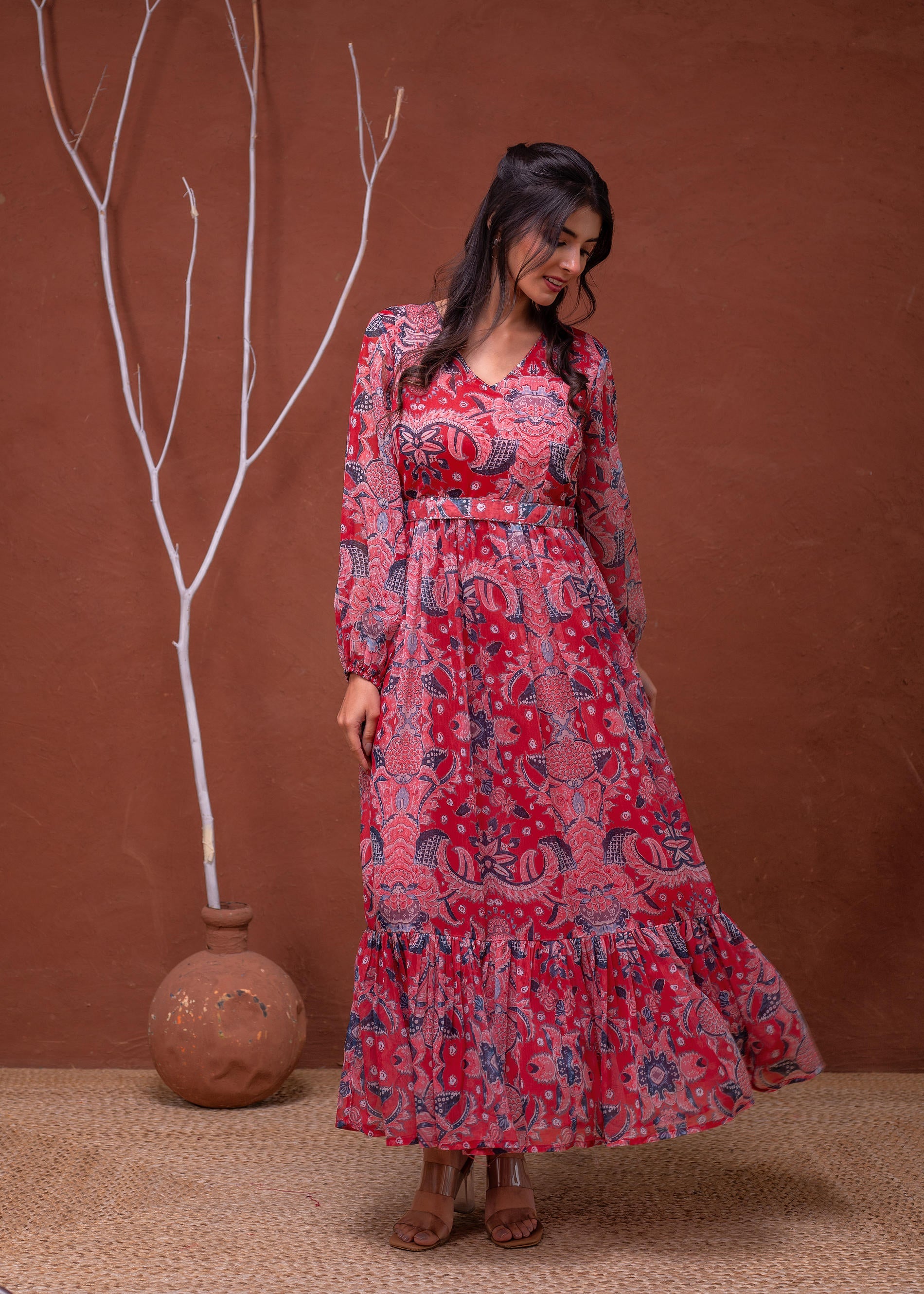 Juniper Floral Printed Red Dress With Sheer Sleeves & Beaded Waist Detailing