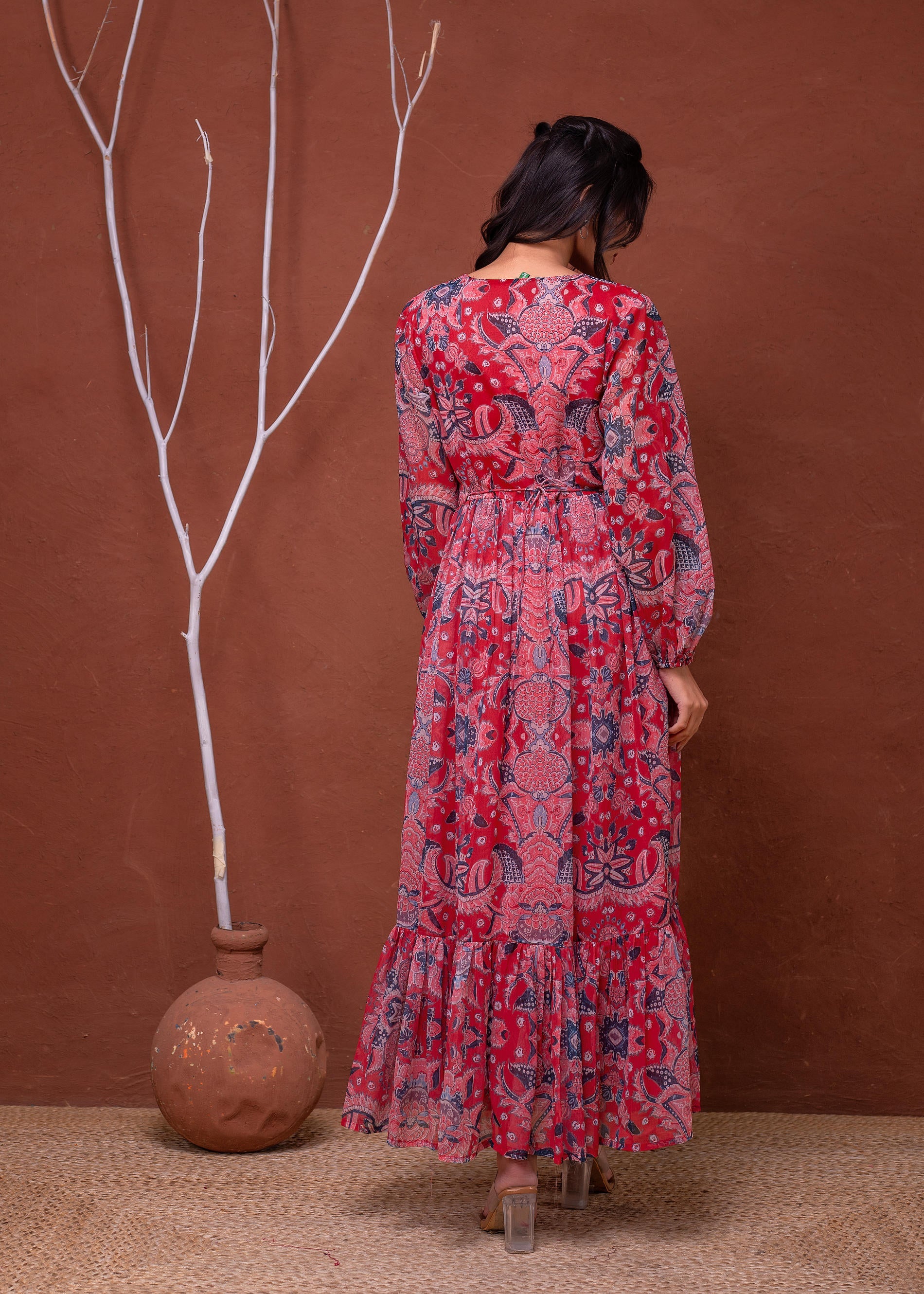 Juniper Floral Red Printed Dress With Sheer Sleeves & Beaded Waist Detailing - Distacart