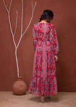 Thumbnail for Juniper Floral Red Printed Dress With Sheer Sleeves & Beaded Waist Detailing - Distacart