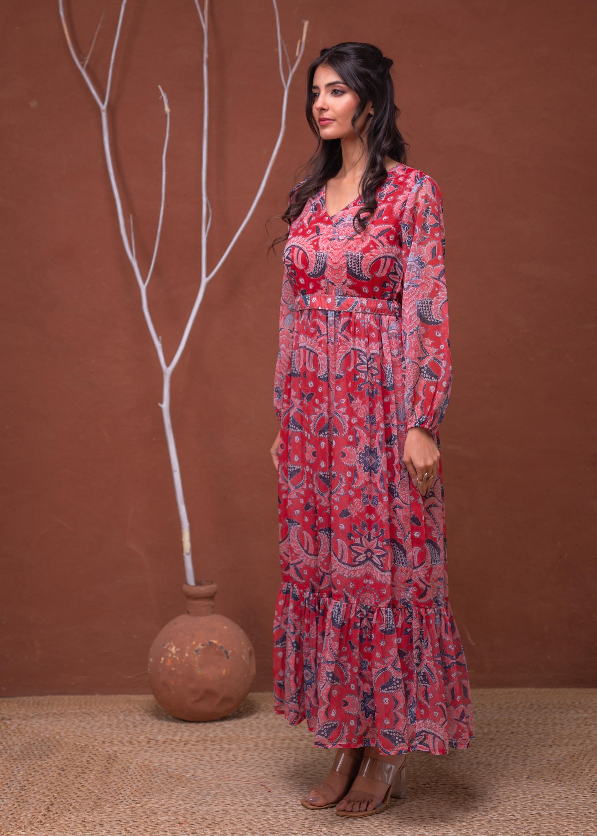 Juniper Floral Printed Red Dress With Sheer Sleeves & Beaded Waist Detailing