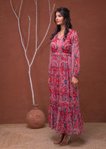 Thumbnail for Juniper Floral Printed Red Dress With Sheer Sleeves & Beaded Waist Detailing