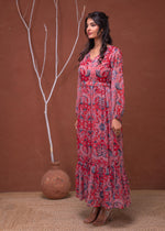 Thumbnail for Juniper Floral Red Printed Dress With Sheer Sleeves & Beaded Waist Detailing - Distacart