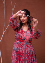 Thumbnail for Juniper Floral Printed Red Dress With Sheer Sleeves & Beaded Waist Detailing