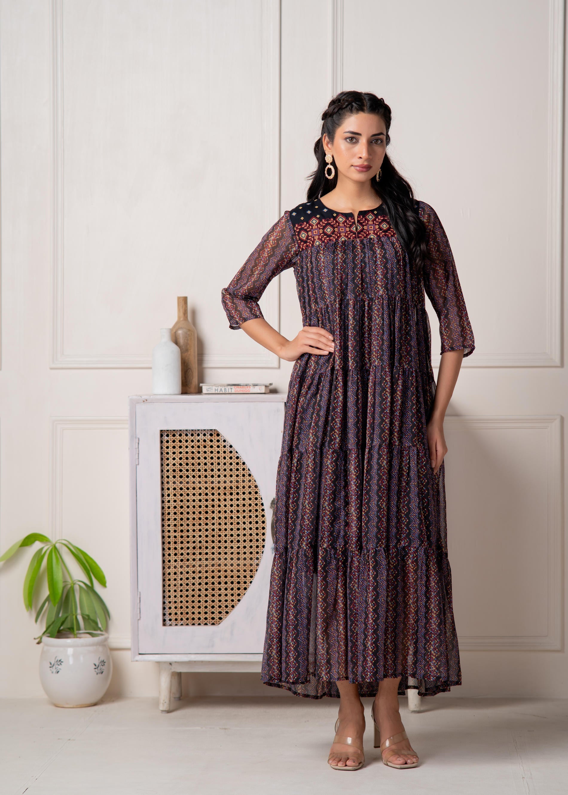 Juniper Blue Printed Tiered Dress With Detailed Yoke