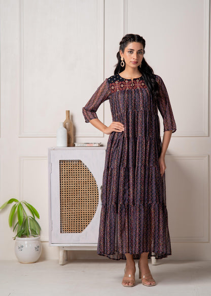 Juniper Blue Printed Tiered Dress With Detailed Yoke - Distacart