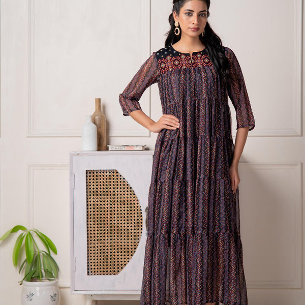 Juniper Blue Printed Tiered Dress With Detailed Yoke