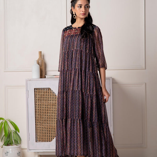 Juniper Blue Printed Tiered Dress With Detailed Yoke