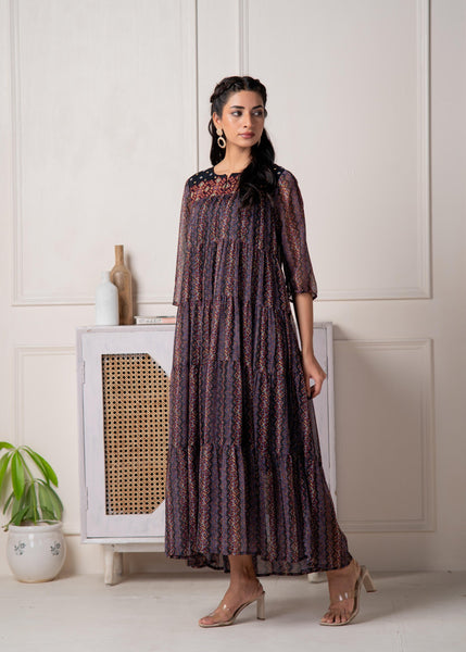 Juniper Blue Printed Tiered Dress With Detailed Yoke