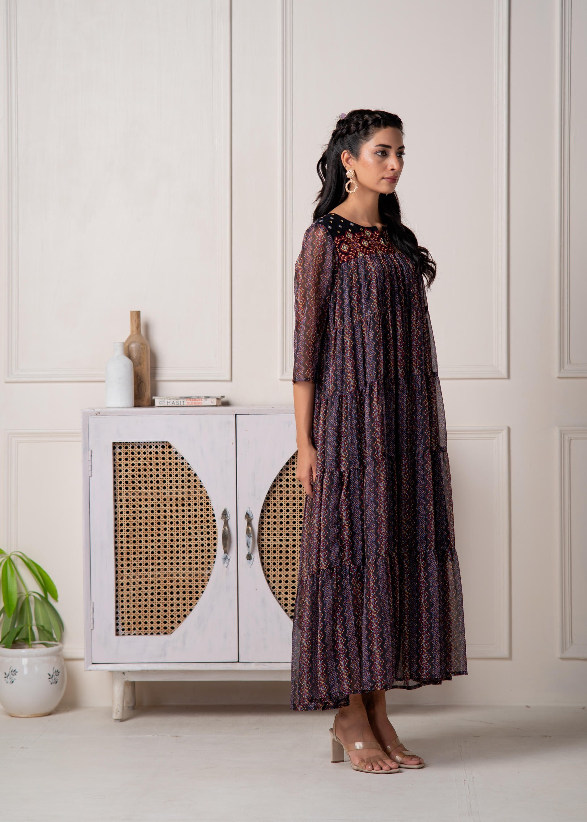 Juniper Blue Printed Tiered Dress With Detailed Yoke