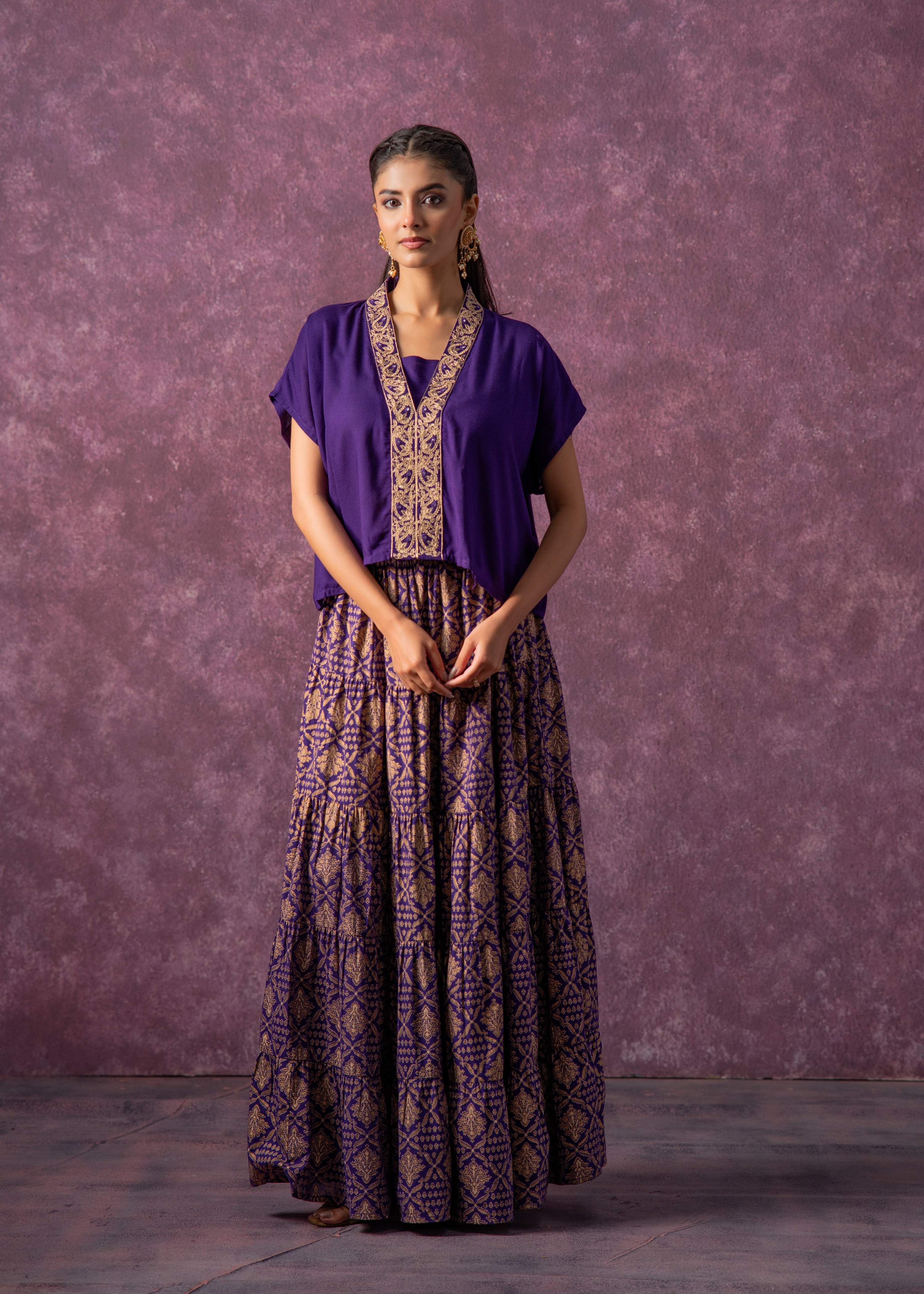 Juniper Purple Viscose Solid Top With Skirt Co-Ord Set With Mirror & Sequence Work